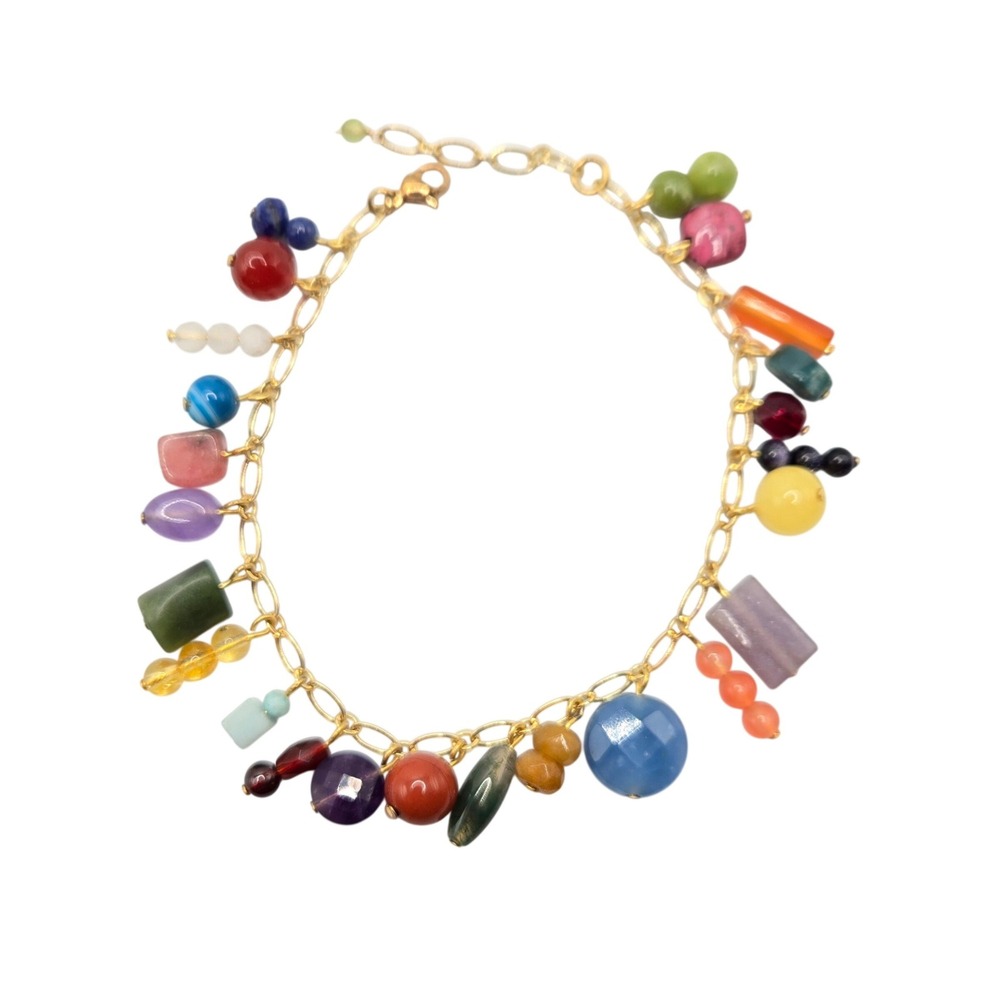 Boho Semi-precious Gemstone Charm Bracelet 22K Gold Plated Adjustable Chain